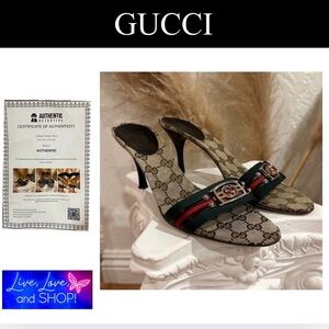 GUCCI Web Stripe Hysteria “GG Monogram Mule Sandals w/COA, EUC